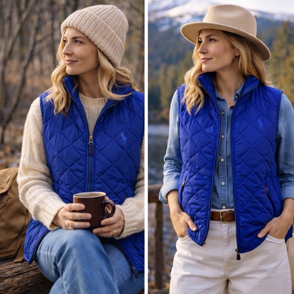 Polo Ralph Lauren Royal Blue Quilted Puffer Vest Zip Front Size Small Petite